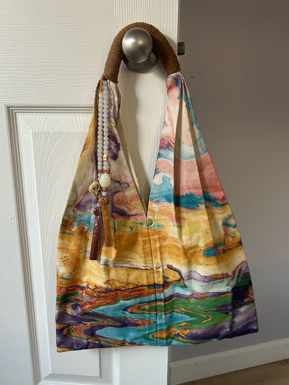 Handmade Water-marbled Canvas bag Wrapped top handle, decorative tassels